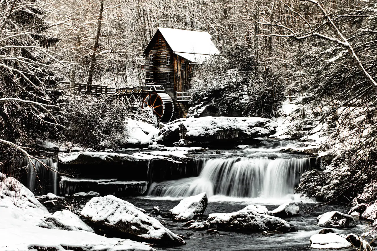 Fine-art photograph, “Glade Creek Grist Mill and Snowy Creek - 5DM43484,” from the West Virginia collection.