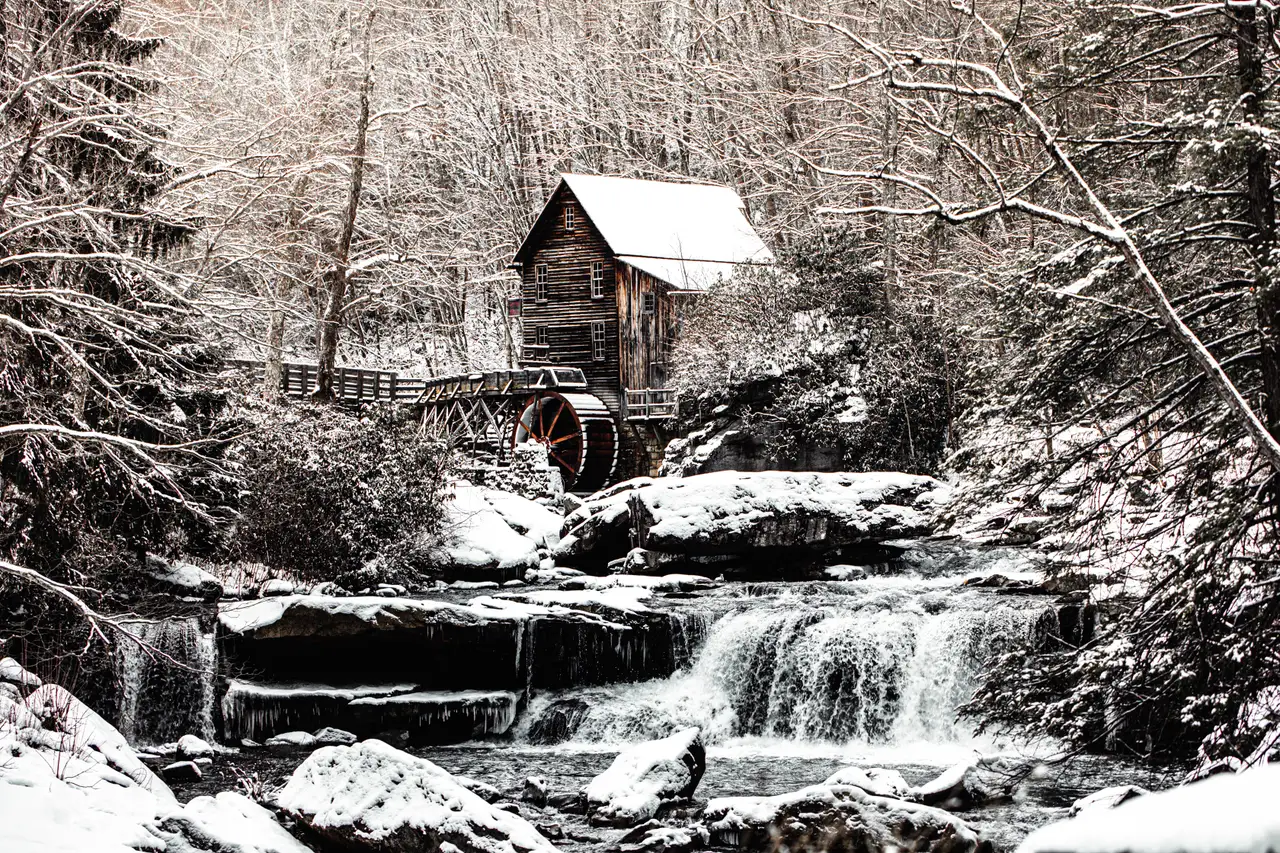 Fine-art photograph, “Glade Creek Grist Mill Below Snowy Falls - 5DM43522,” from the West Virginia collection.