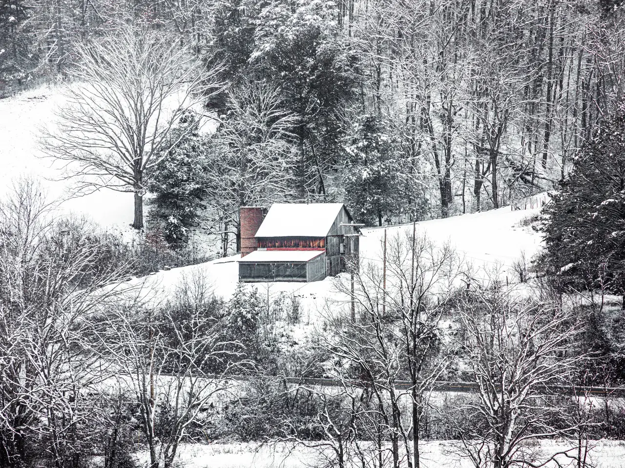 Fine-art photograph, “West Virginia Red Barn in Snow - 5DM43728,” from the West Virginia collection.