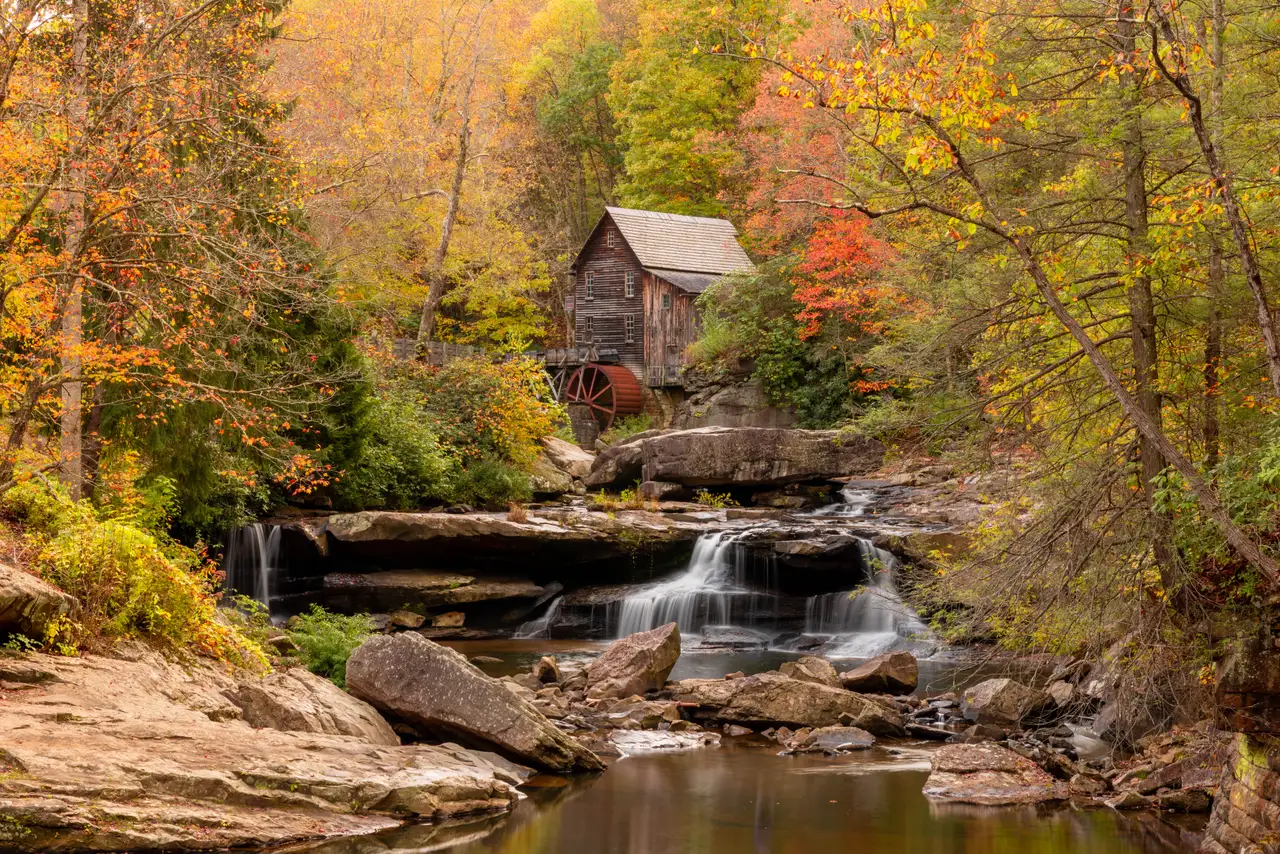 Fine-art photograph, “Glade Creek Grist Mill in Autumn, Earth and Sky - 5M2A1894,” from the West Virginia collection.
