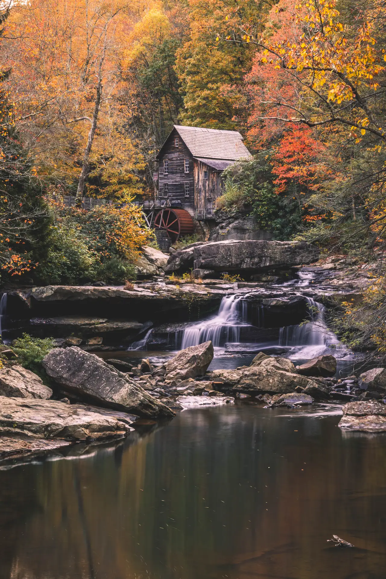 Fine-art photograph, “Glade Creek Grist Mill and Autumn Falls, Between Storms - 5M2A1895,” from the West Virginia collection.