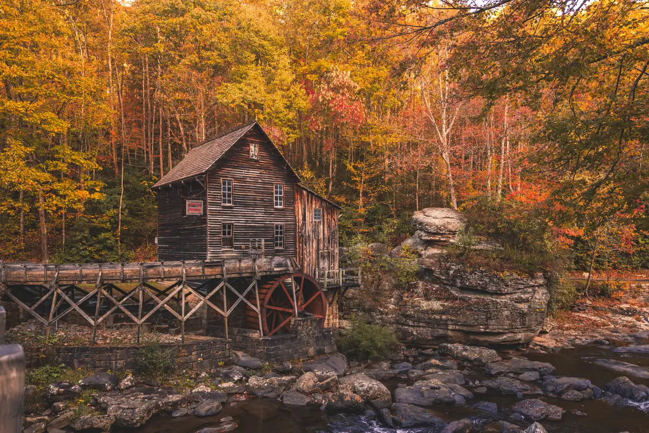 Fine-art photograph, “Glade Creek Grist Mill Across the Creek, Weathered Light - 5M2A2315,” from the West Virginia collection.