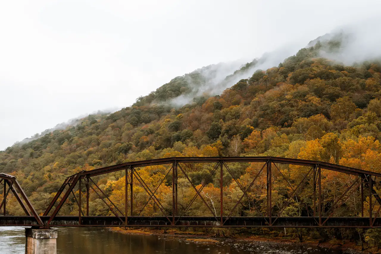 Fine-art photograph, “New River Gorge Railroad Bridge in Fog - 5M2A2363,” from the West Virginia collection.