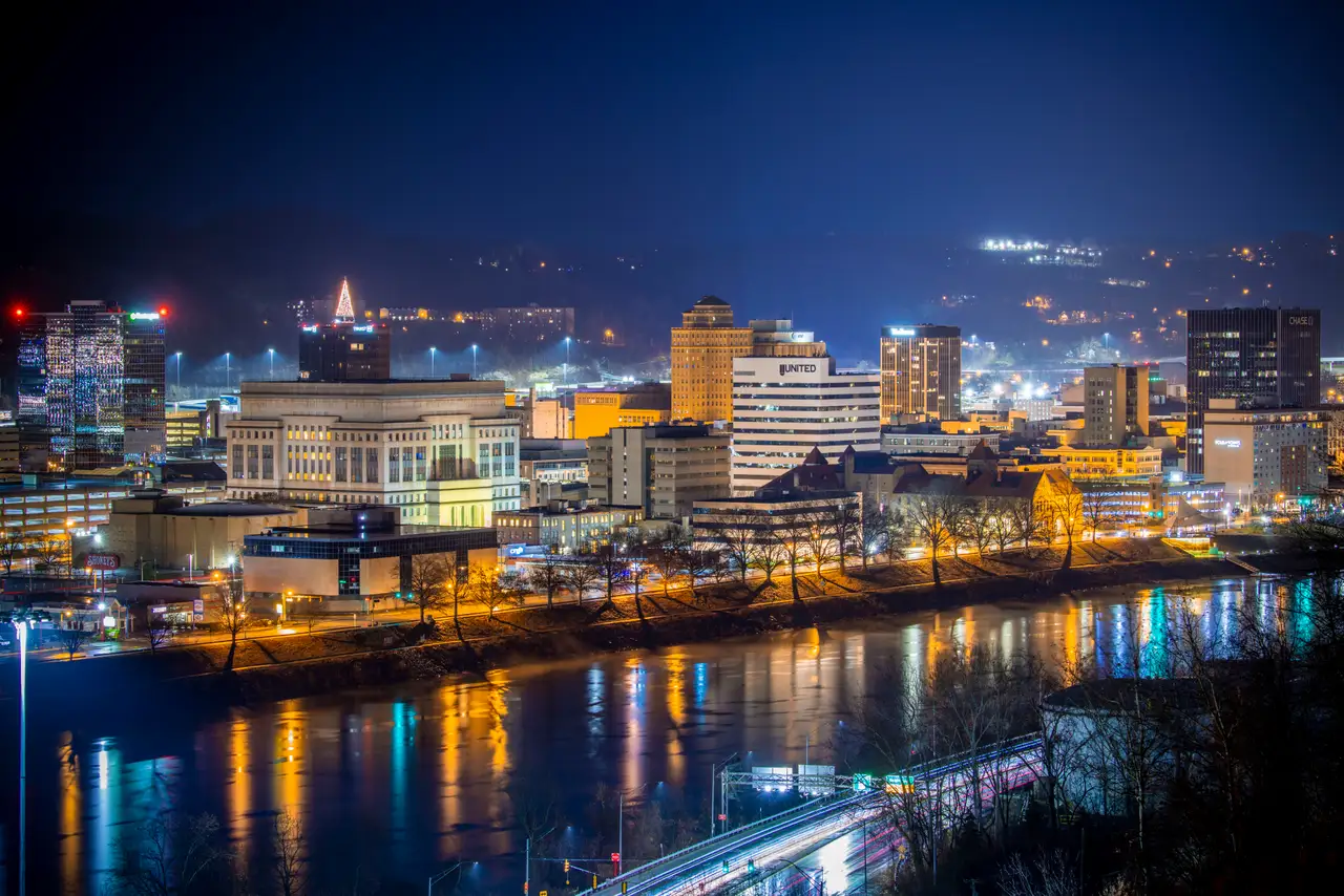 Fine-art photograph, “Charleston Skyline Reflections at Night - Charleston FIV8566,” from the West Virginia collection.