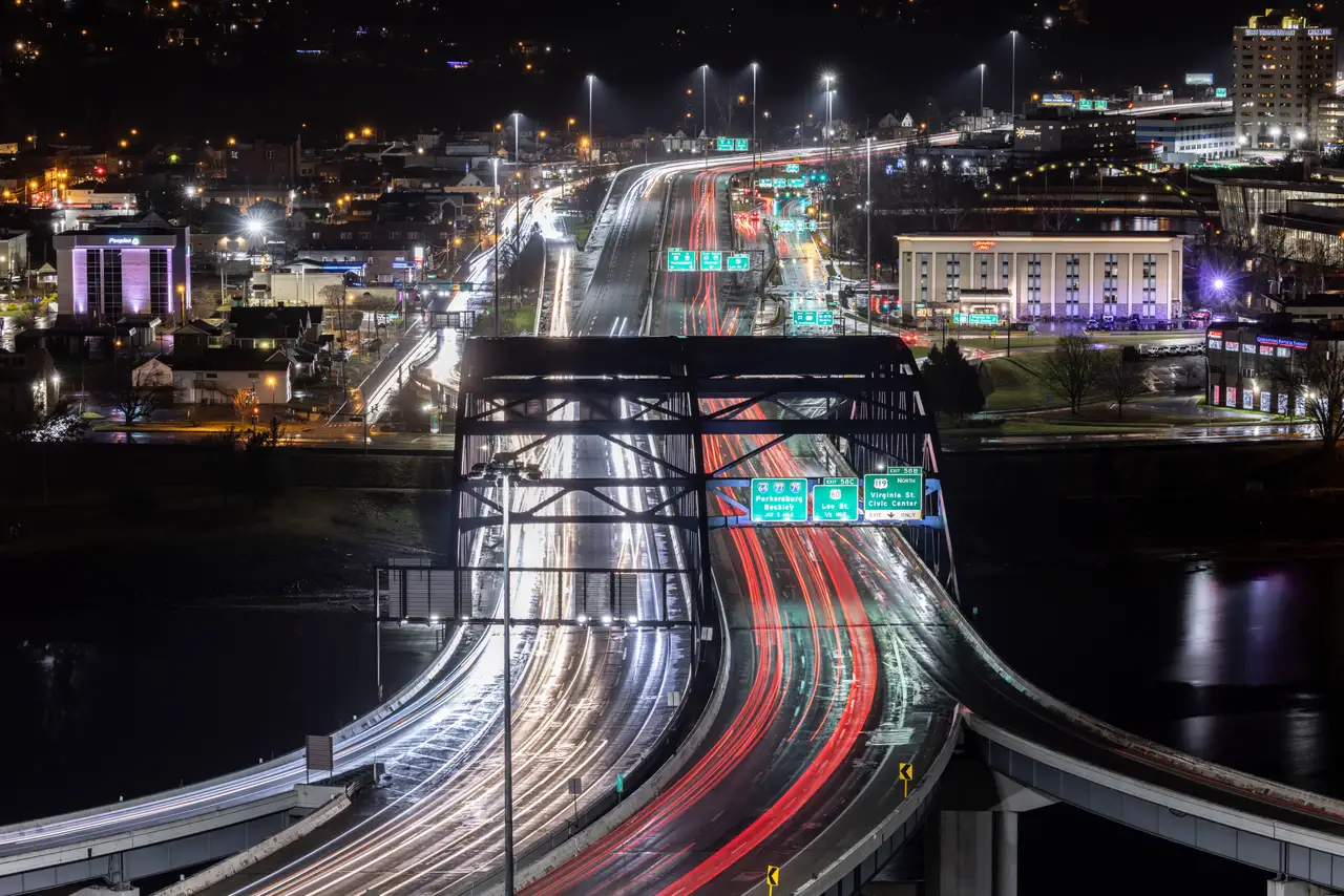 Fine-art photograph, “Charleston Highway Light Trails at Night - Charleston FIV8568,” from the West Virginia collection.