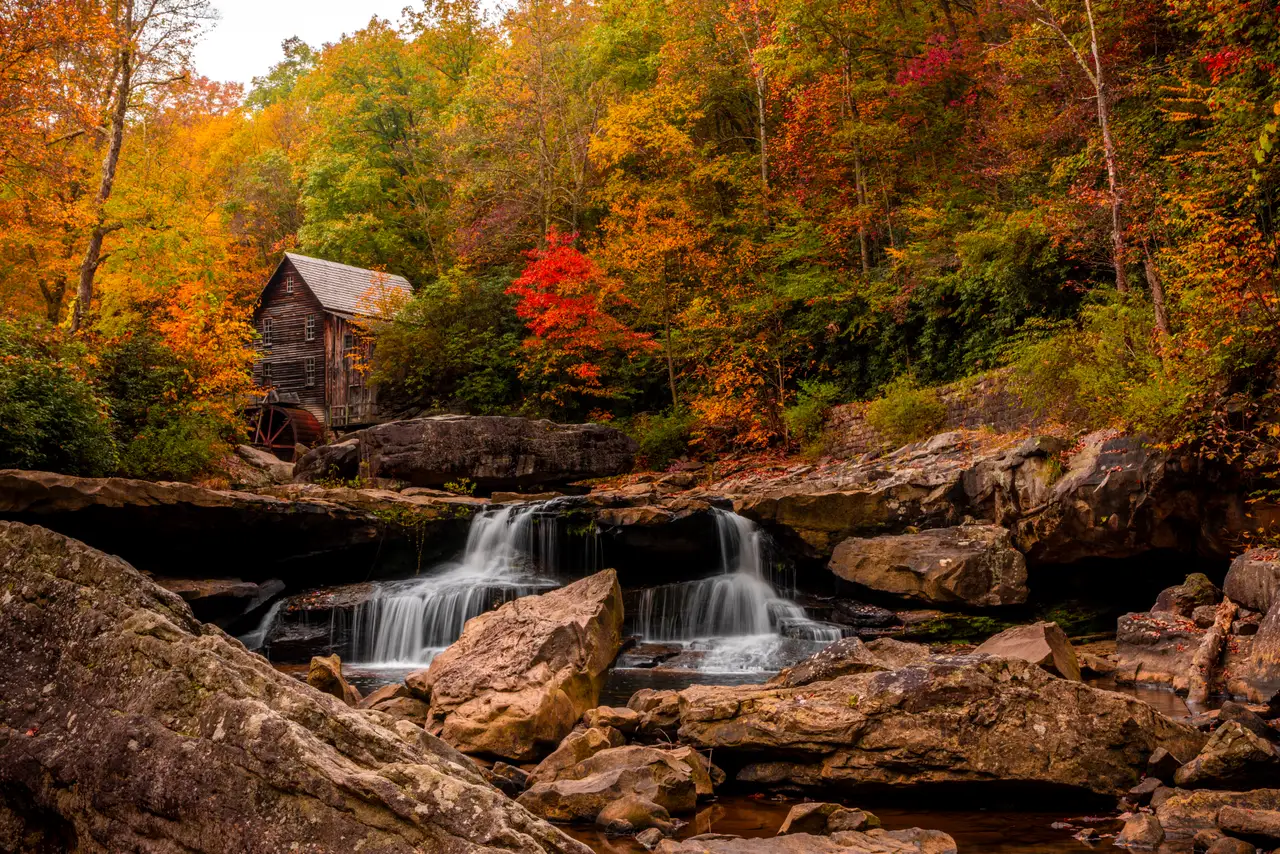 Fine-art photograph, “Glade Creek Grist Mill and Autumn Falls, Last Warmth - RFIV9612,” from the West Virginia collection.