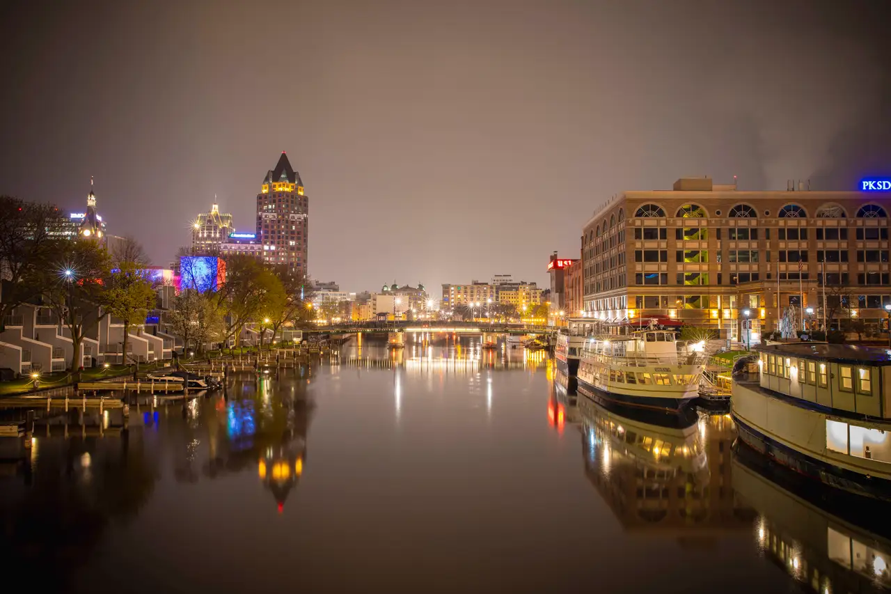 Fine-art photograph, “Milwaukee Riverwalk at Night - Milwaukee RFIV8319,” from the Wisconsin collection.