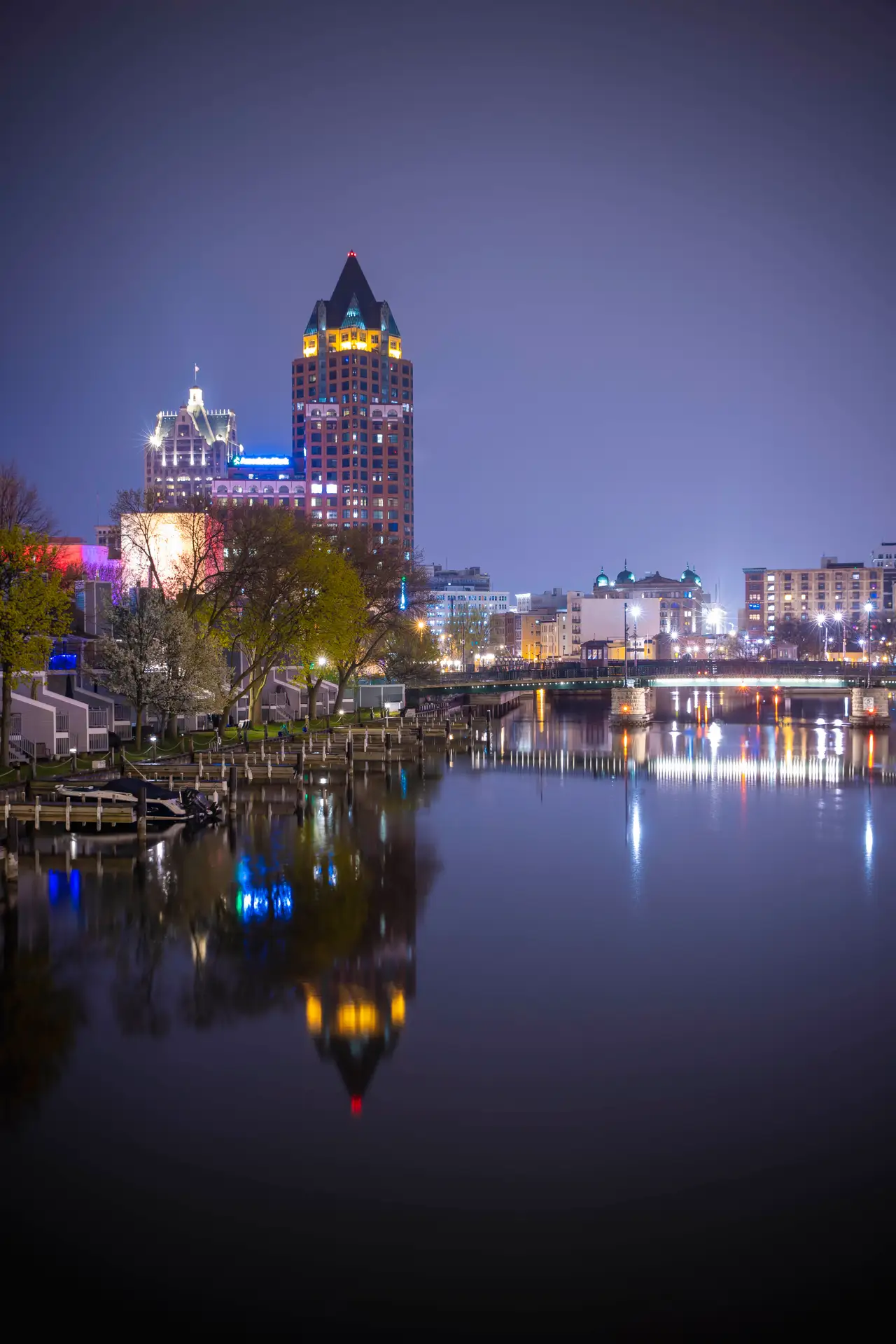 Fine-art photograph, “Milwaukee Riverwalk Reflections in Vertical - Milwaukee RFIV8323,” from the Wisconsin collection.