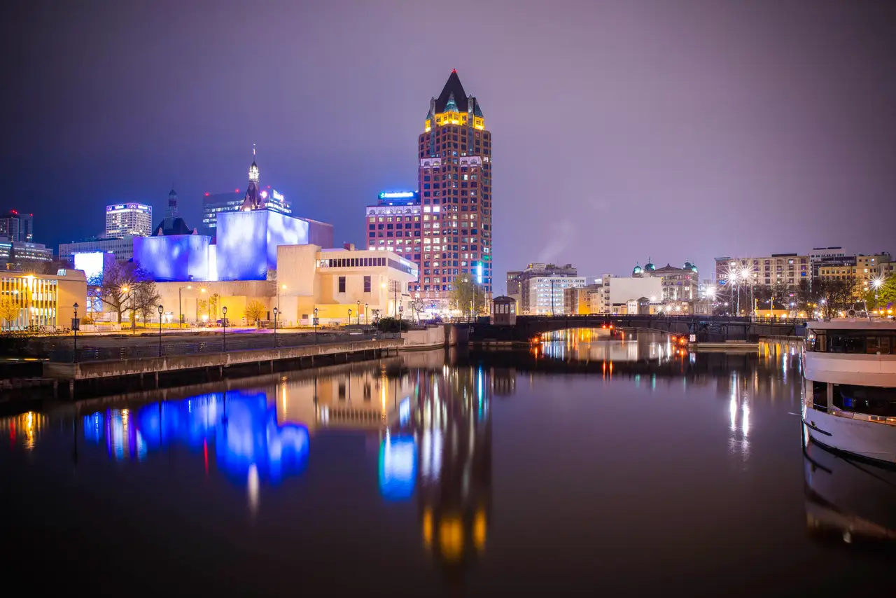 Fine-art photograph, “Milwaukee RiverWalk Reflections and Downtown Towers - Milwaukee RFIV8330,” from the Wisconsin collection.