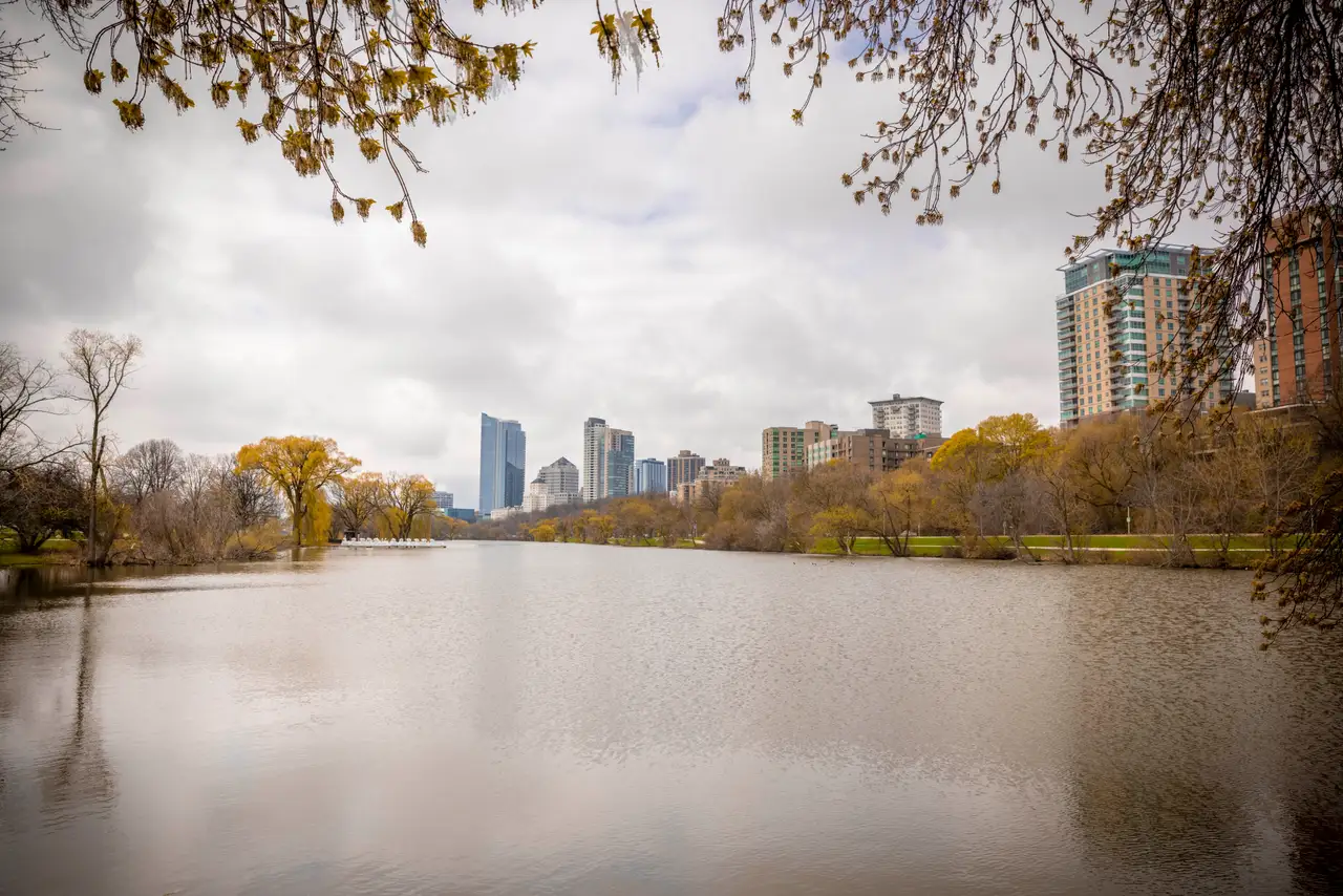 Fine-art photograph, “Milwaukee Skyline Across the Lagoon - Milwaukee RFIV8366,” from the Wisconsin collection.