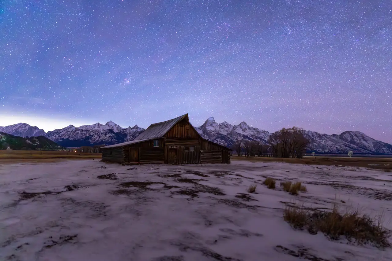 Fine-art photograph, “Moulton Barn and Tetons in Winter, Coastal Stillness - 5M2A4396,” from the Wyoming collection.
