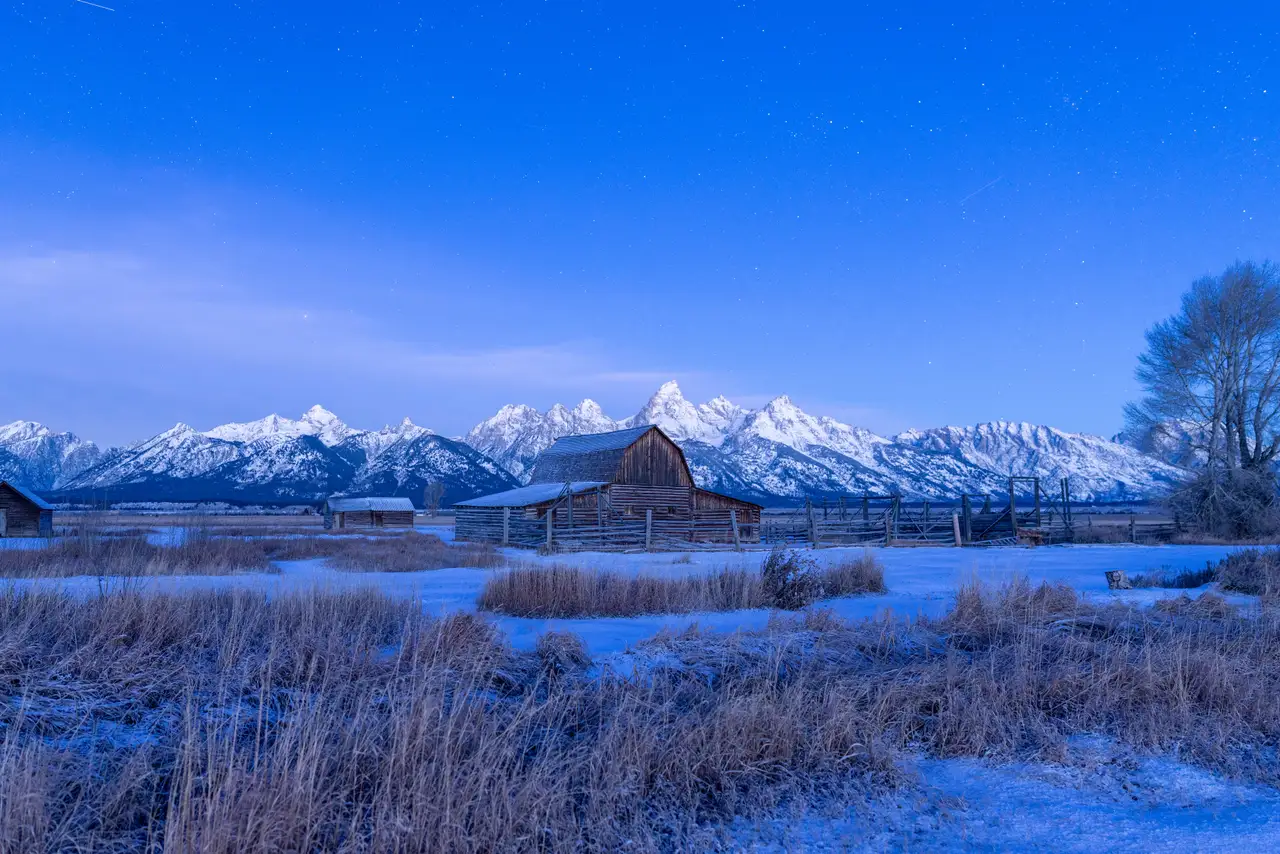 Fine-art photograph, “Moulton Barn and Teton Range in Winter - 5M2A4429,” from the Wyoming collection.
