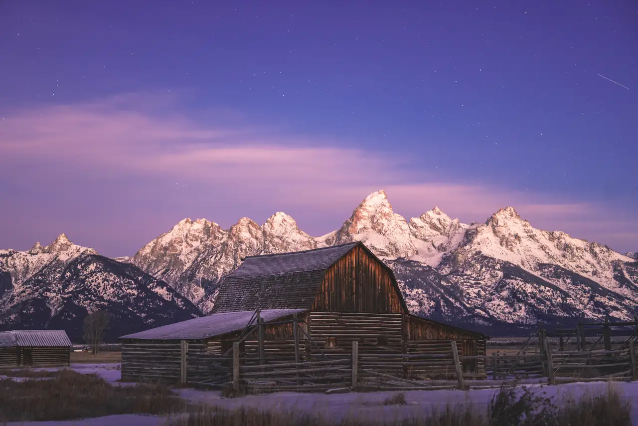 Fine-art photograph, “Moulton Barn and Tetons in Lavender Light - 5M2A4430,” from the Wyoming collection.