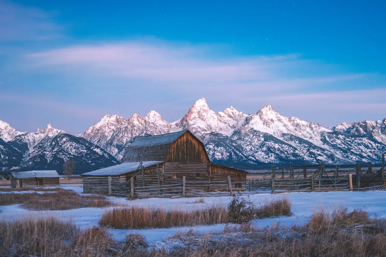 Fine-art photograph, “Moulton Barn and Grand Teton in Winter Light - 5M2A4440,” from the Wyoming collection.