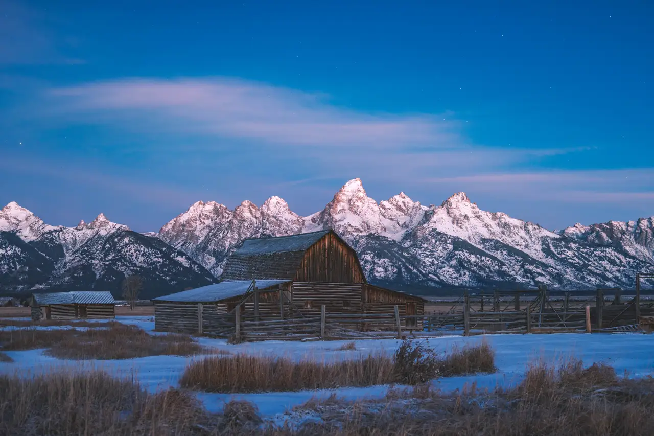 Fine-art photograph, “Moulton Barn and Tetons at Dusk - 5M2A4441,” from the Wyoming collection.