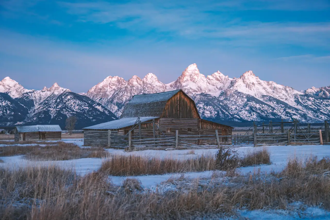 Fine-art photograph, “Moulton Barn Under Pink Winter Skies - 5M2A4452,” from the Wyoming collection.