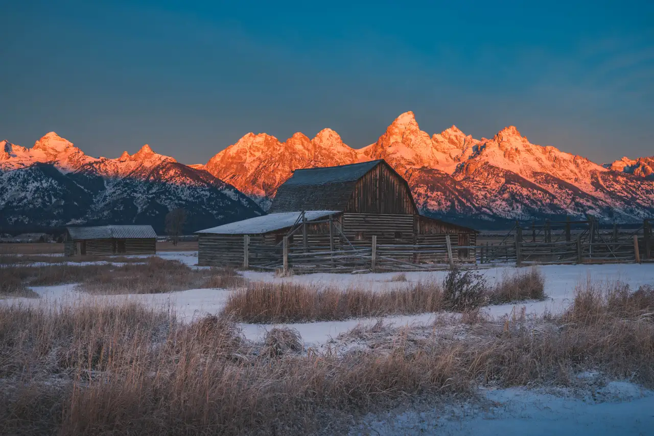 Fine-art photograph, “Moulton Barn and Tetons at Alpenglow - 5M2A4533,” from the Wyoming collection.